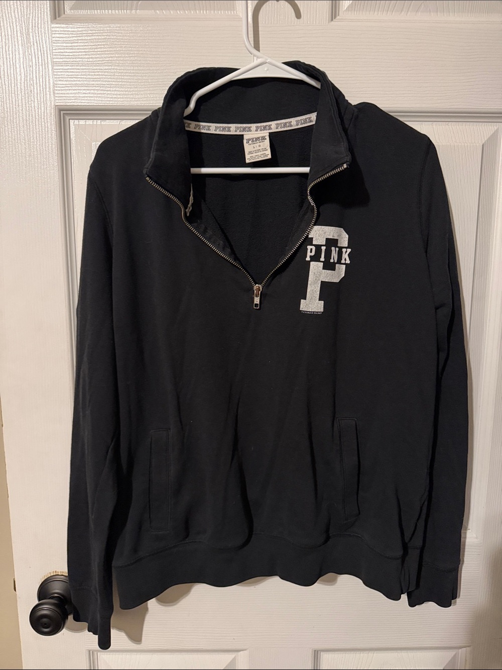 PINK Victoria's Secret Women’s Black Quarter-Zip Sweatshirt with White Logo